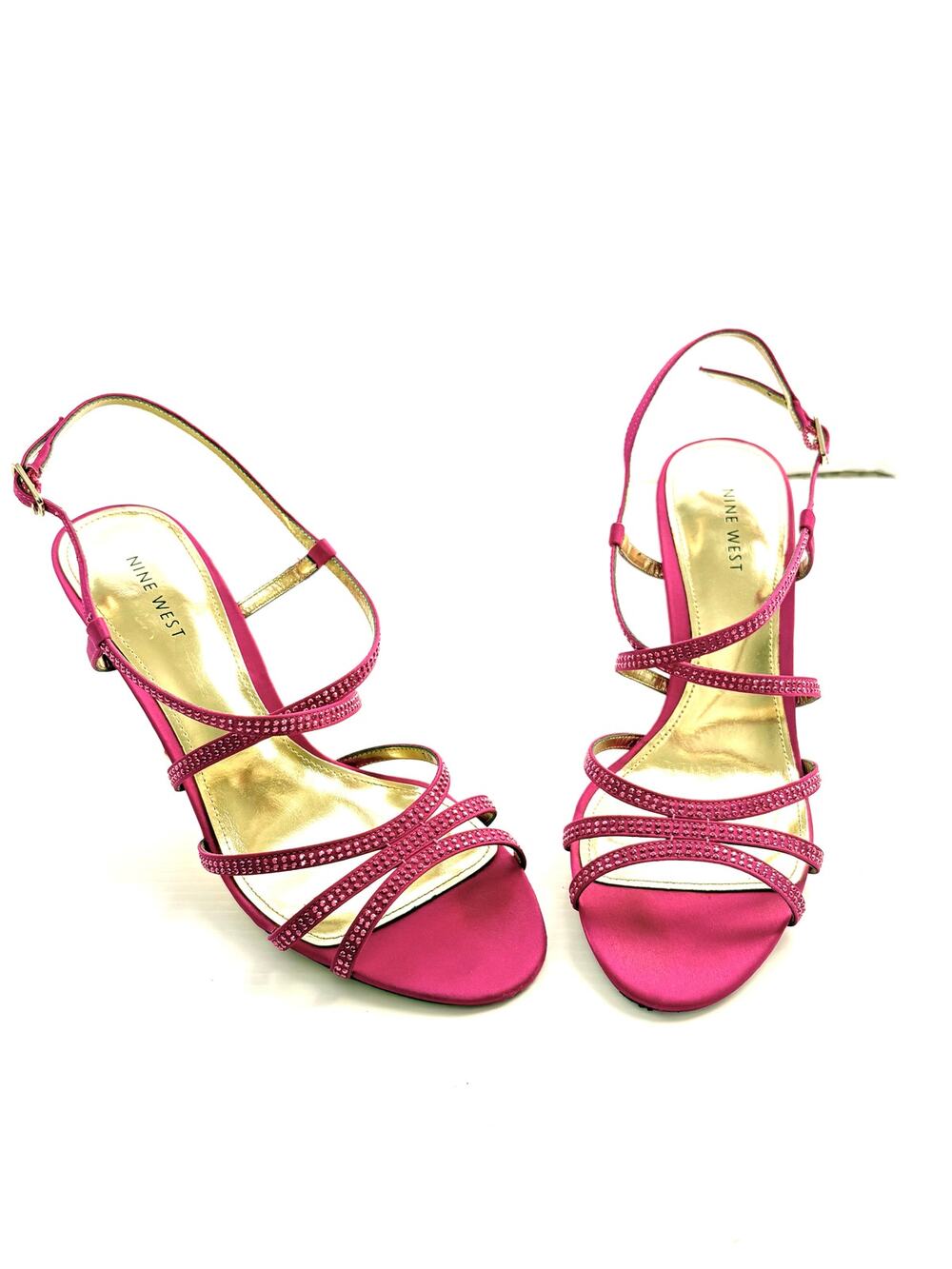 Nine West Shoes Hot Pink Rhinestone Satin Strappy Heels Sandals Stiletto 7.5M